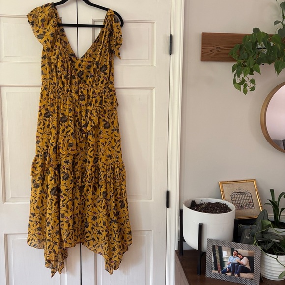 Ulla Johnson Dania Ruffled Midi Dress Handkerchief Hem Gold Size 8 Medium - Picture 3 of 15